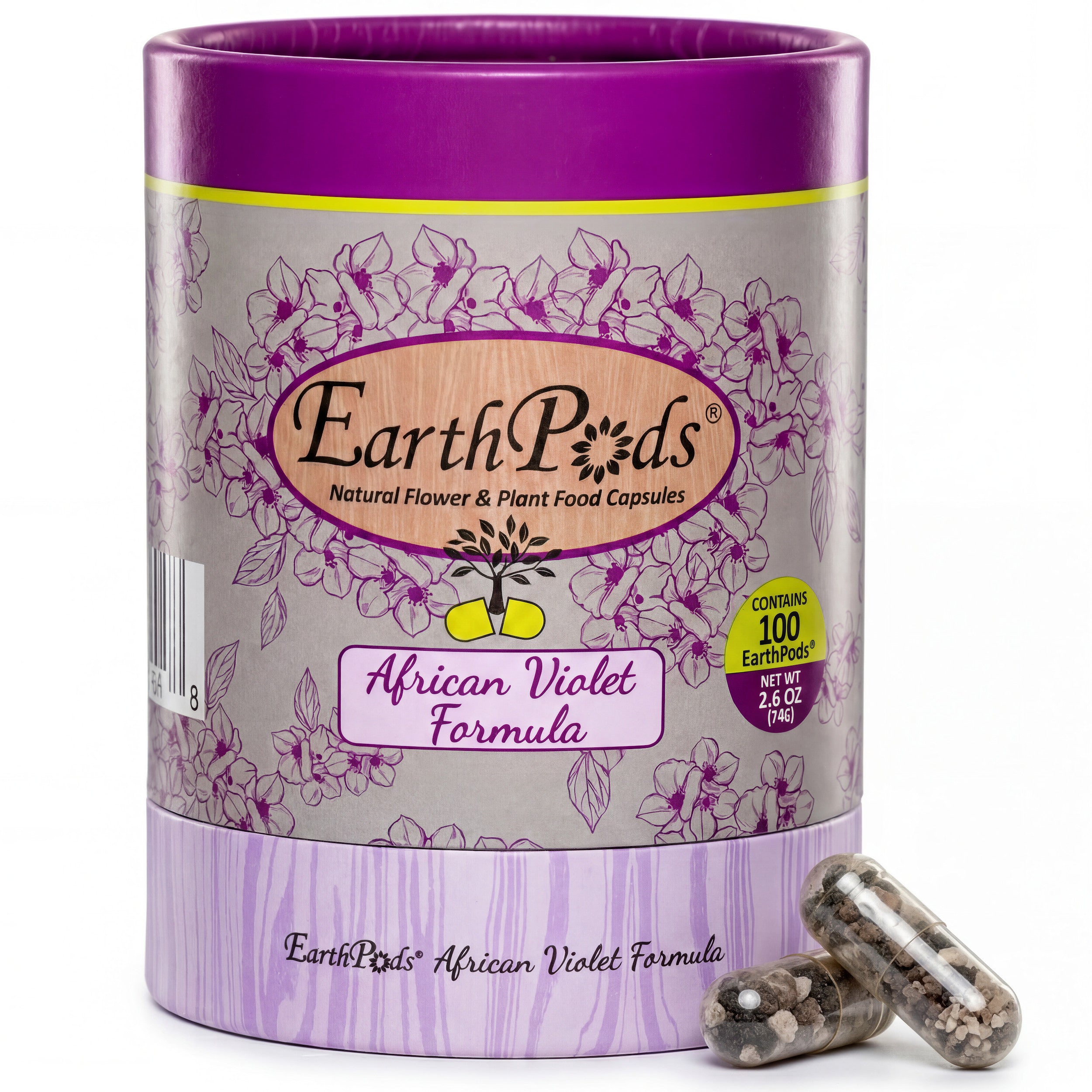 EarthPods African Violet Fertilizer Formula packaging with purple and gray design