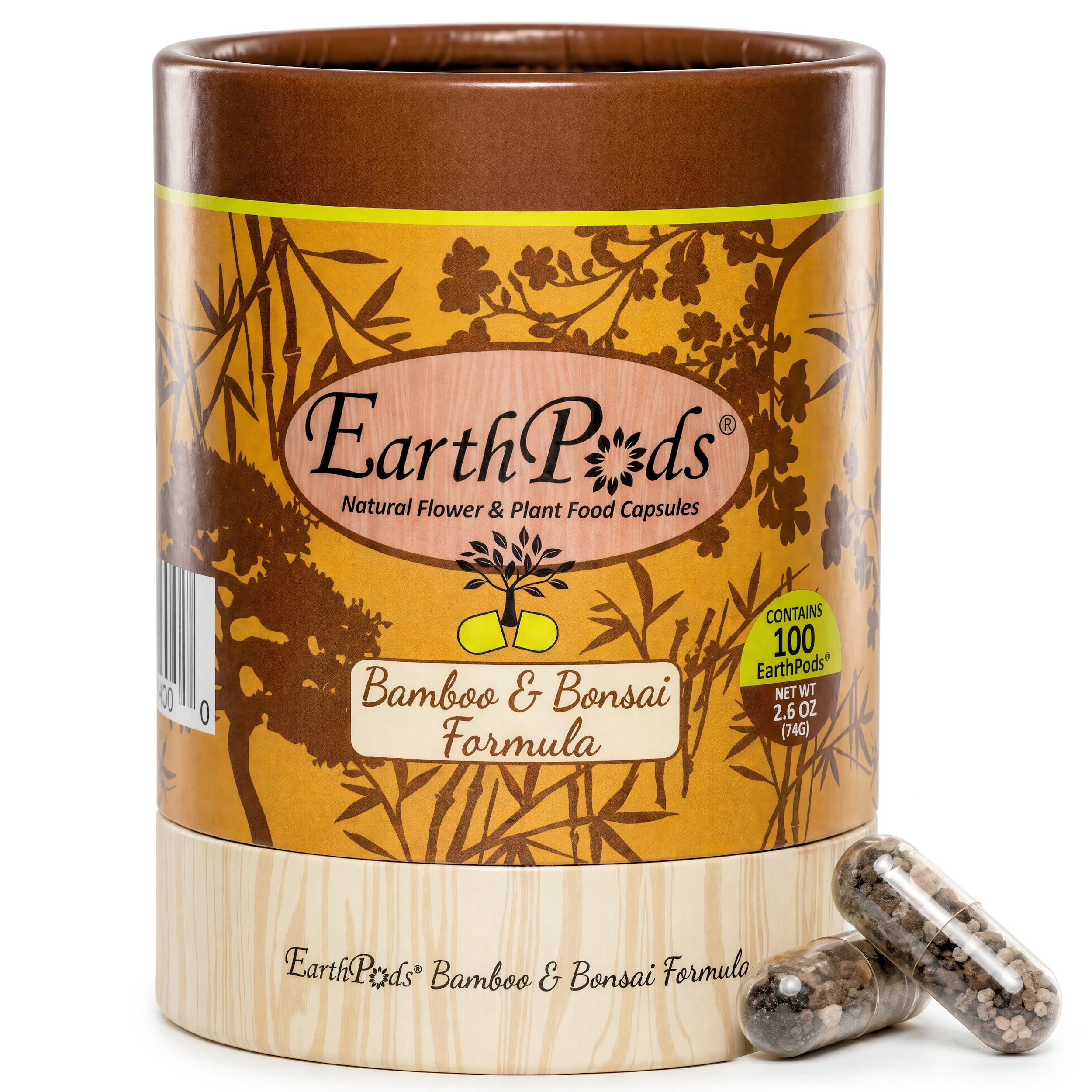 EarthPods Bamboo & Bonsai Formula plant food capsules with packaging on a white background