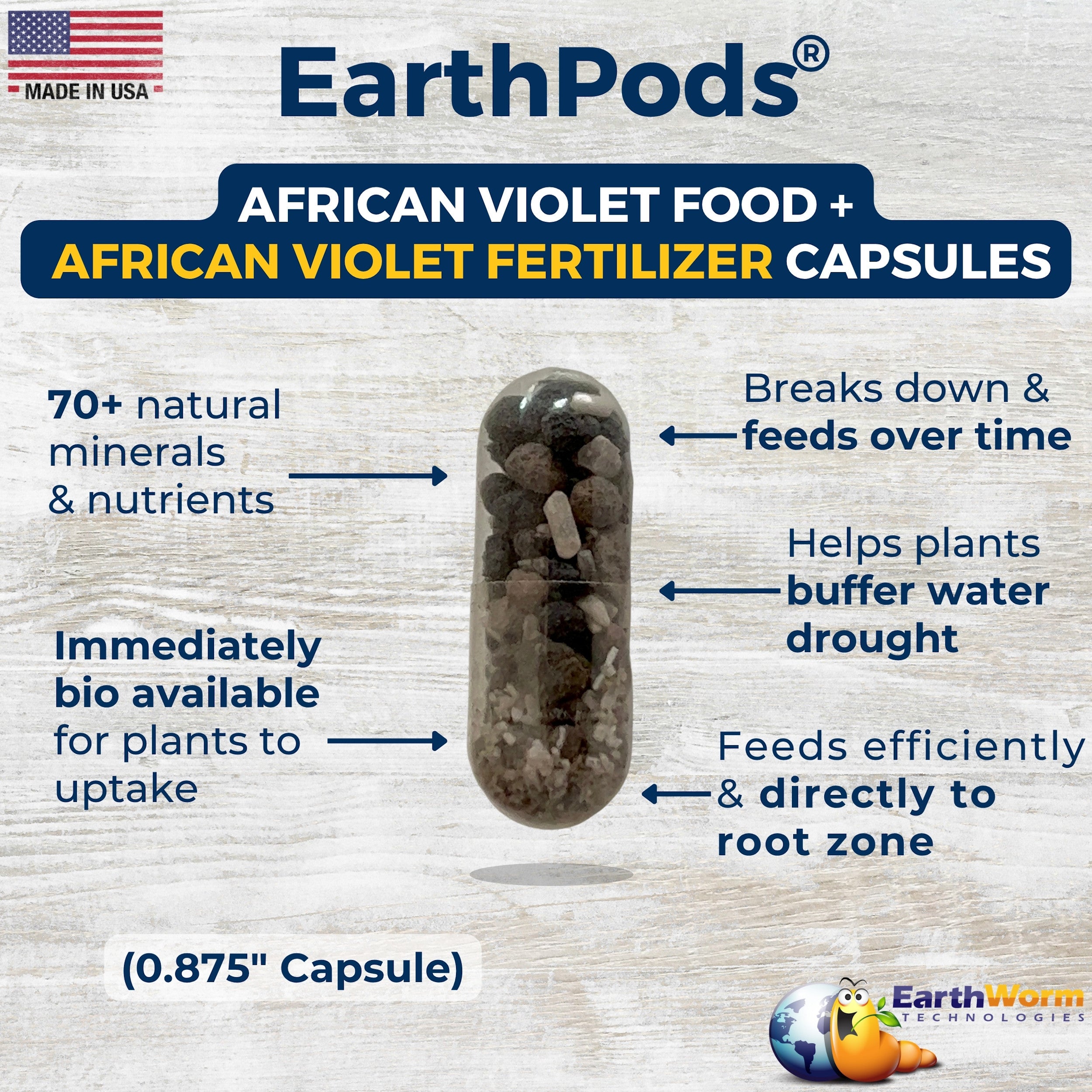 EarthPods African Violet food and fertilizer capsules on a textured surface with text detailing benefits.