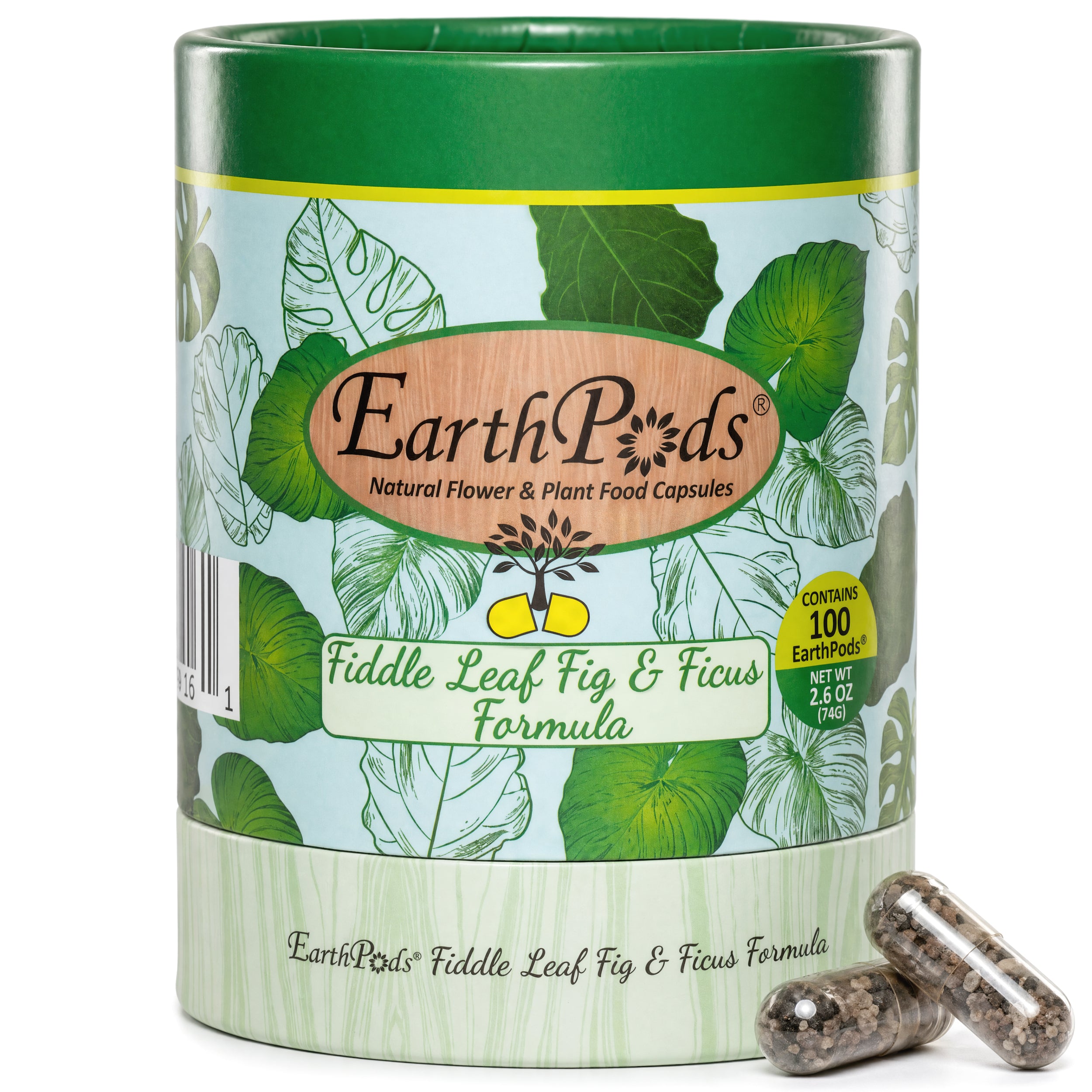 EarthPods Fiddle Leaf Fig & Ficus plant food capsules with packaging on a white background