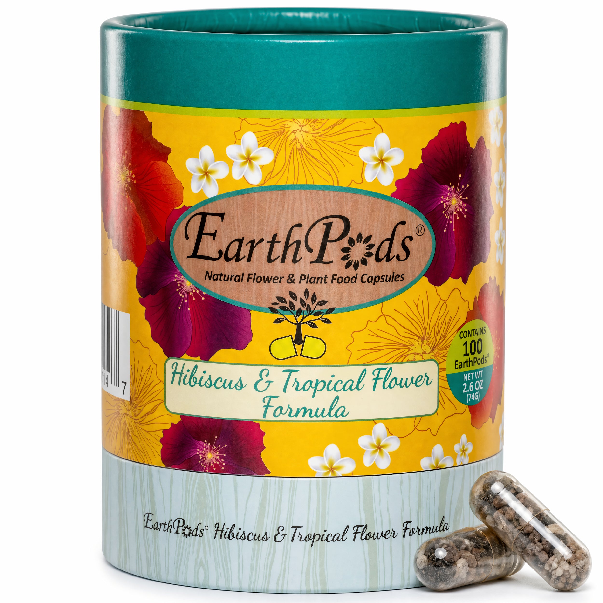 EarthPads Hibiscus & Tropical Flower Formula packaging with colorful design and capsules on a white background