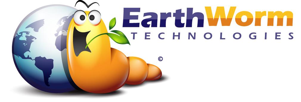 Earthworm Technologies' logo representing a worm with leaf in his mouth next to planet Earth representing sustainable ecofriendly gardening products